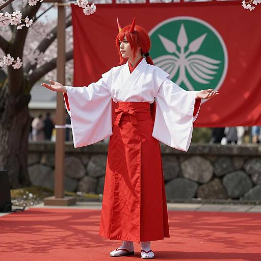 Person in Traditional Japanese Costume with Red Horns