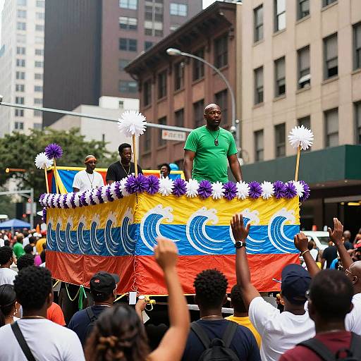 Photograph of a Black man in a green shirt standing on a colorful float with purple and white pom-poms during a vibrant urban parade.