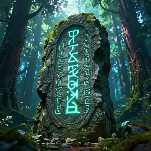 Mysterious glowing runes on a moss-covered stone monument in a dense, sunlit forest, illuminated by ethereal blue light. Digital artwork.