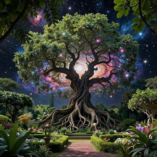Digital art: Enchanted garden with a giant, cosmic tree featuring starry sky and colorful galaxy in its canopy, surrounded by vibrant flowers and lush