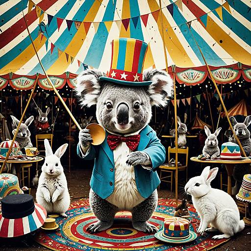 Koala Magician with Rabbits in Vintage Carnival Tent