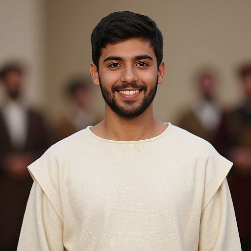 Photograph of a smiling young South Asian man with dark hair and beard, wearing a white, long-sleeved shirt, against a blurred background with