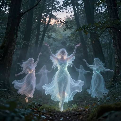 Photograph-like digital art of ethereal, glowing white women in flowing dresses dancing in a dark, misty forest at twilight.
