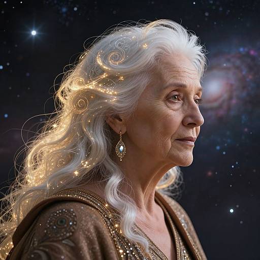 Photograph-like CGI of an elderly woman with white, curly, starlit hair, wearing a brown, bejeweled robe, against a star