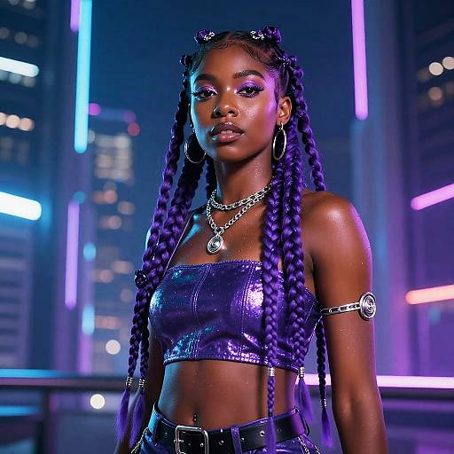 Photograph of a dark-skinned woman with purple braided hair, wearing a shiny purple crop top and high-waisted pants, neon cityscape