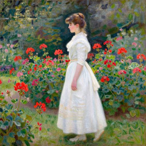 Impressionist painting of a young woman in a white dress walking through a vibrant garden with red flowers and lush greenery.