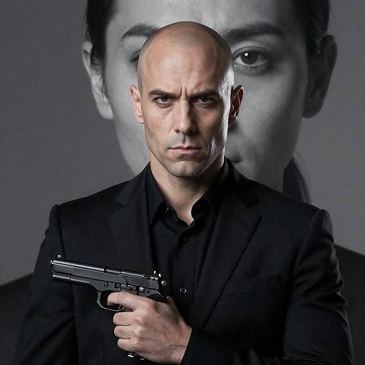 Bald Man in Black Suit Holding Gun with Woman’s Face Overlay