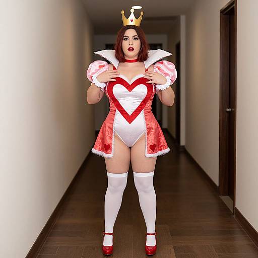 Photograph of a curvy woman with fair skin, red bob haircut, wearing a red and white heart-shaped costume, crown, white thigh-high stockings