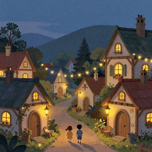 Whimsical nighttime village scene, digital art: two children walking down a lit, flower-lined path between charming, glowing cottages with string lights,