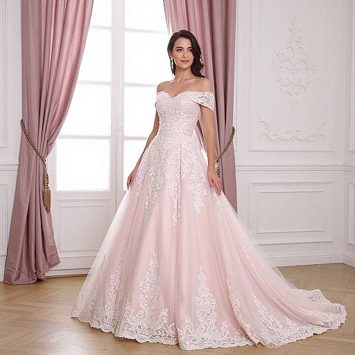 Photograph of a dark-haired woman in an off-shoulder, lace-covered, pink wedding gown, standing in a white-walled room with pink