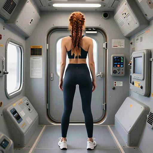 Photograph of a woman with long braided red hair, wearing a black sports bra and high-waisted black leggings, standing with her back to