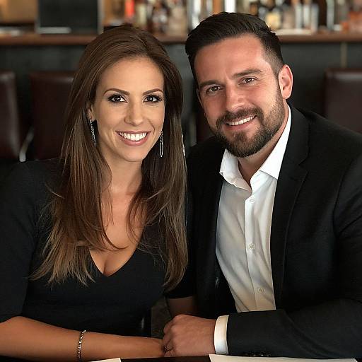 Photograph of a smiling couple in a bar; woman with long brown hair, black dress, and earrings, man with dark hair, beard, black