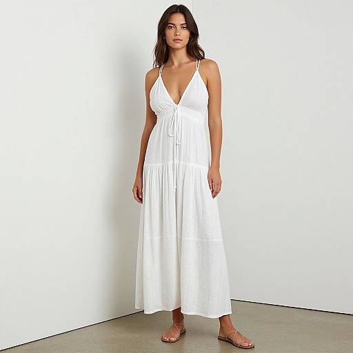 Photograph of a woman with long dark hair wearing a white, low-cut, sleeveless, flowing dress and brown sandals, standing against a white wall