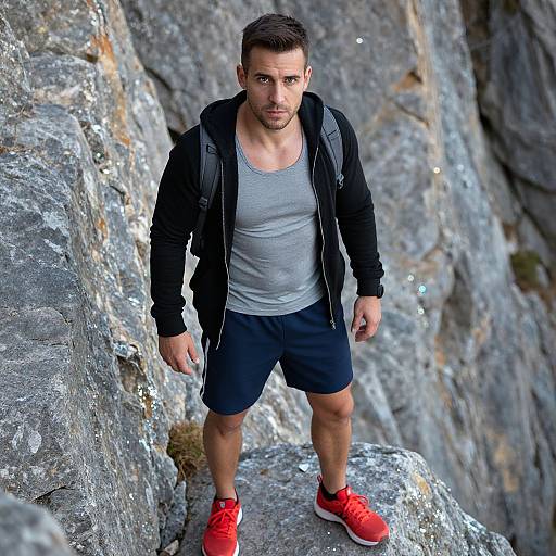 Photograph of a muscular, bearded man with short dark hair, wearing a gray tank top, black shorts, red sneakers, and a black jacket