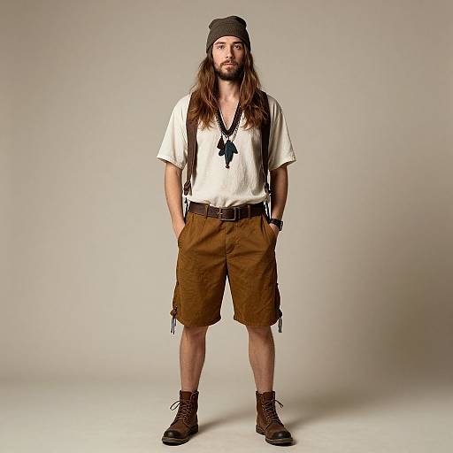 Photograph of a young man with long brown hair, beard, wearing a black beanie, white shirt, brown shorts, suspenders, and boots