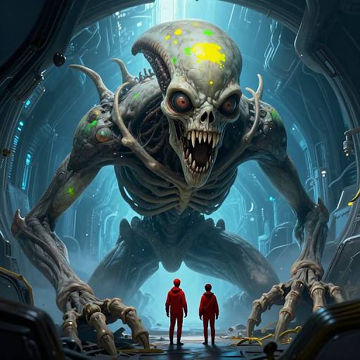CGI digital artwork of a giant, grotesque, glowing-eyed monster with sharp teeth looming over two small, red-clad figures in a futuristic,