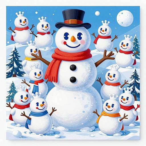 Colorful digital illustration of a tall snowman with black top hat and red scarf, surrounded by smaller smiling snowmen in various red, blue, and