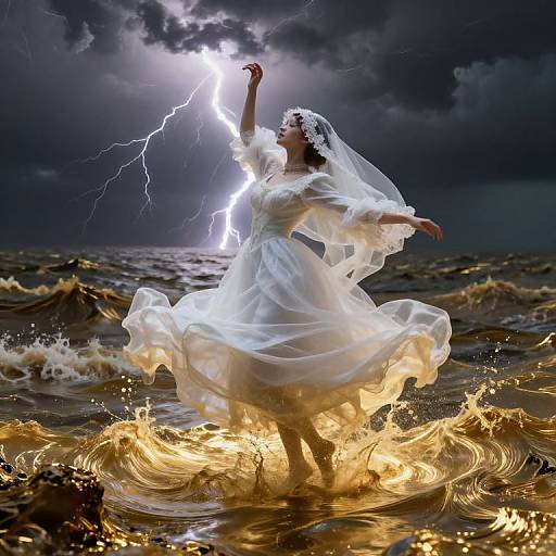Photograph of a bride in a white, flowing dress and veil standing in turbulent water, reaching toward a bright lightning bolt in a dark, stormy
