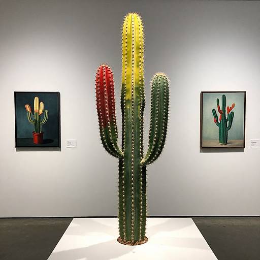 Photograph of a brightly lit art gallery featuring a tall, multi-colored cactus sculpture with yellow, red, and green segments, flanked by two