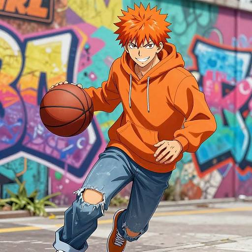 Anime-style drawing of a spiky orange-haired boy in an orange hoodie and torn jeans, dribbling a basketball in front of colorful graffiti.