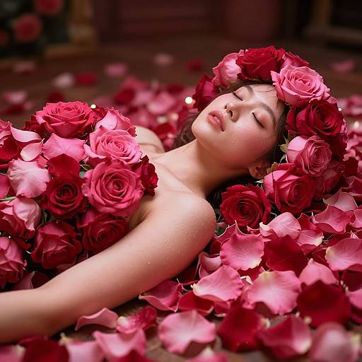 Photograph of an Asian woman with closed eyes, surrounded by red and pink roses, lying on a wooden floor, head adorned with roses.