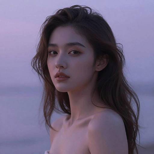 Photograph of a young Asian woman with long, wavy brown hair, fair skin, and bare shoulders, gazing softly at the camera against a