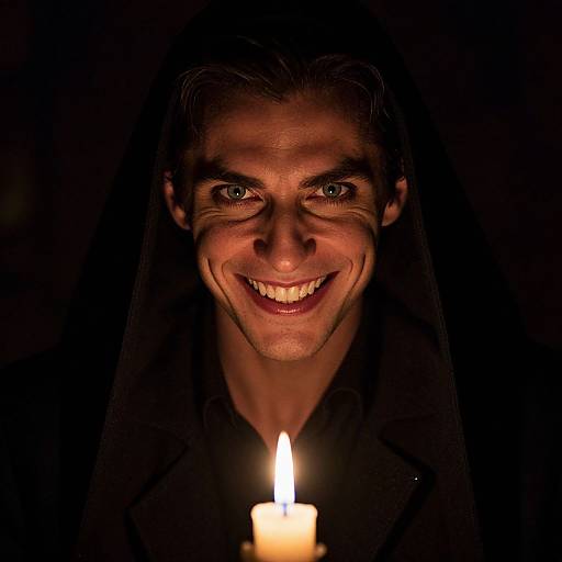 Photograph of a smiling man with green eyes, illuminated by a single candle, wearing a black veil, against a dark background.