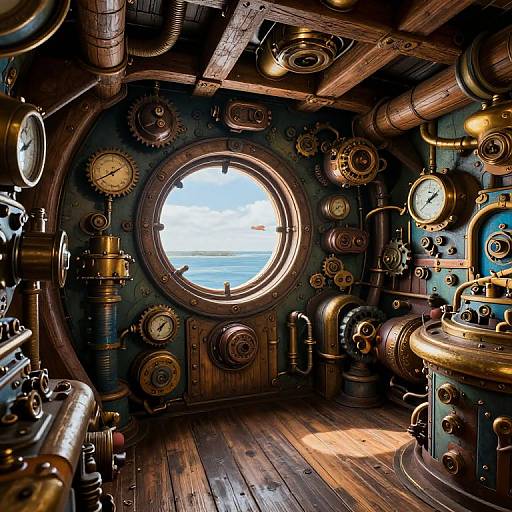 Steampunk-inspired ship cabin photograph with circular window, copper pipes, brass gears, wooden floor, and rustic metal walls, sunlight streaming in.