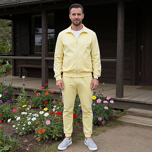 Photograph of a bearded man in yellow tracksuit and white sneakers, standing in front of a wooden house with a colorful flower garden.