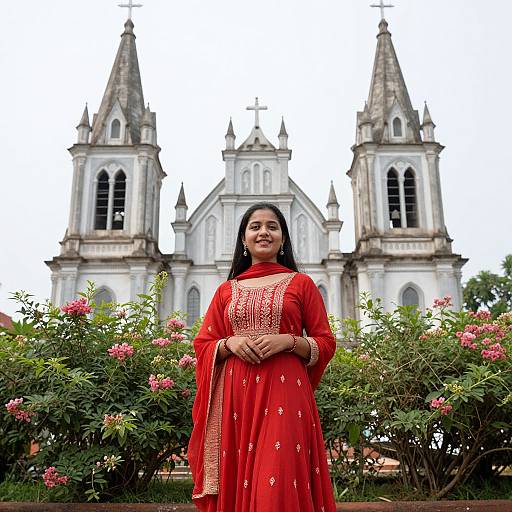 Smiling Woman in Red Indian Attire by Goa Church
