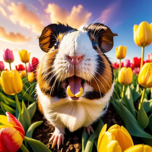 Cheerful Guinea Pig Amidst Tulips