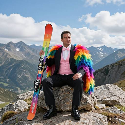 Photograph of a man in a pink vest, black suit, and rainbow fur coat, holding a colorful snowboard, seated on a rocky mountain peak