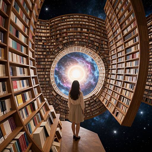A young girl with long black hair in a white dress stands on a wooden platform, facing a circular library ceiling filled with books, opening to a star