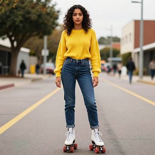 Photograph of a curly-haired woman in a yellow sweater and blue jeans, standing on a street with a blurred background, wearing white roller skates.