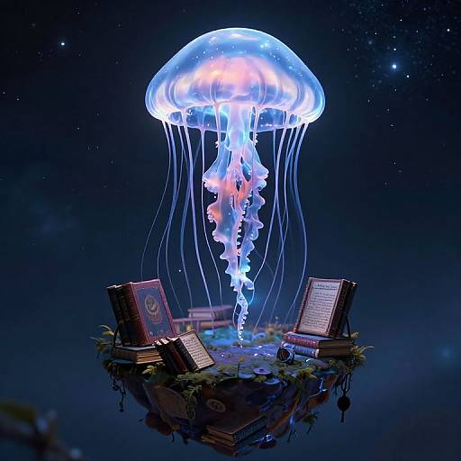 Photorealistic digital art: glowing blue jellyfish with ethereal light above floating island of open books and chairs, surrounded by starry night sky.