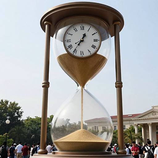 Photograph of a large, bronze, clock-ini-hora-sana sculpture with a glass hourglass, showing sand flowing, surrounded by people in