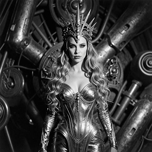 Black-and-white photograph of a woman with long wavy hair, wearing a metallic crown and corset, standing in a steampunk industrial background with
