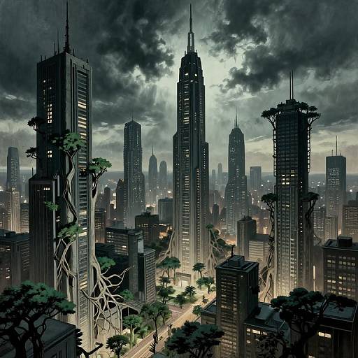 Digital artwork of a dystopian cityscape featuring towering, dark skyscrapers with twisted tree roots, illuminated by streetlights under a stormy, cloud