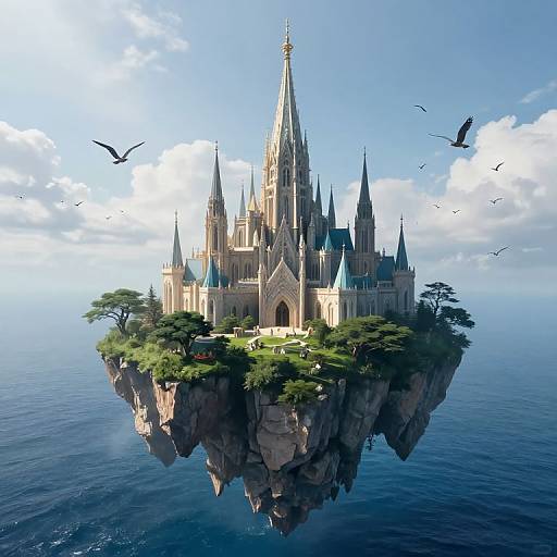 Photorealistic digital artwork of a floating, Gothic-style castle with tall spires, surrounded by lush greenery and rocky cliffs, above a vast,
