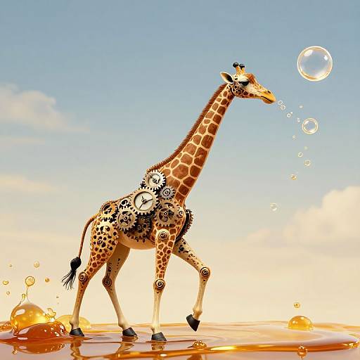 Photorealistic CGI of a giraffe with gears and cogs on its body, walking through water with bubbles, against a bright blue sky.