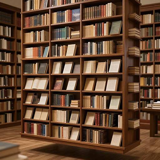 Photograph of a tall, wooden bookshelf filled with colorful books, some leaning at angles, in a warmly lit library.