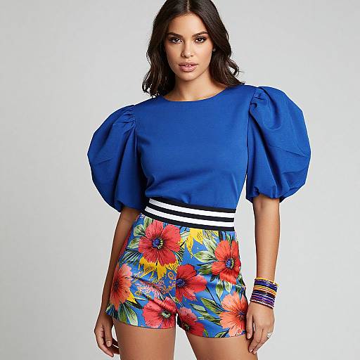 Photograph of a woman with long dark hair wearing a blue puffed-sleeve top and colorful floral shorts with a white waistband.
