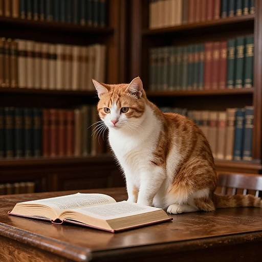Tabby Cat Reading in Vintage Library