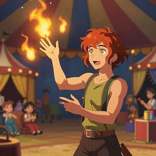 Young Juggler with Fiery Magic in Circus Tent