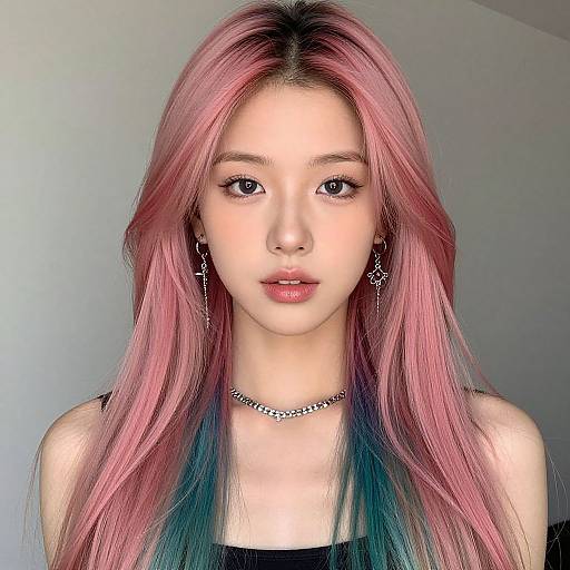 Photograph of an Asian woman with long pink and blue hair, wearing black earrings and a silver chain necklace, against a gray background.