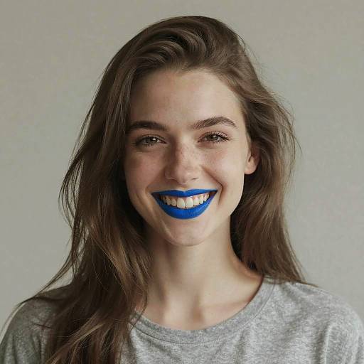 Photograph of a smiling young woman with long brown hair, blue lipstick, and gray shirt, against a plain gray background.
