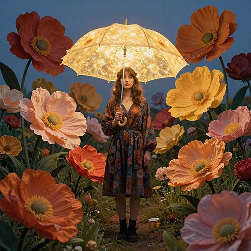 Photograph of a young woman with wavy brown hair, wearing a patterned dress, holding a glowing, floral-patterned umbrella among giant, colorful
