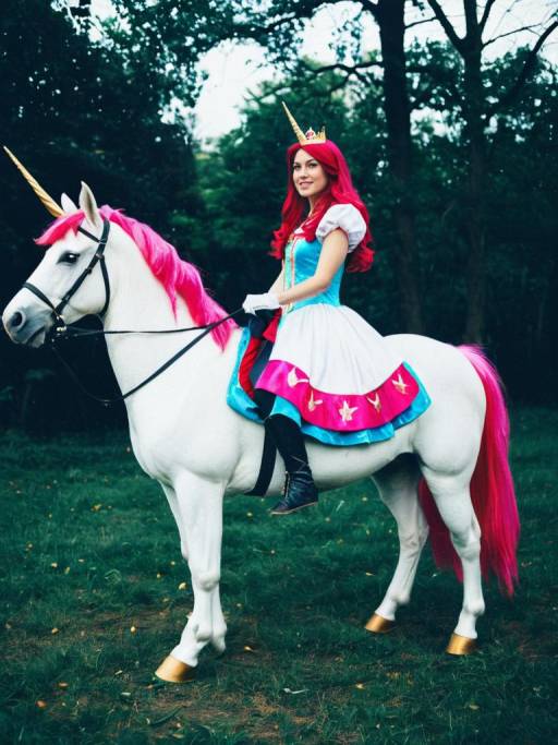 Woman in Princess Costume Riding Unicorn