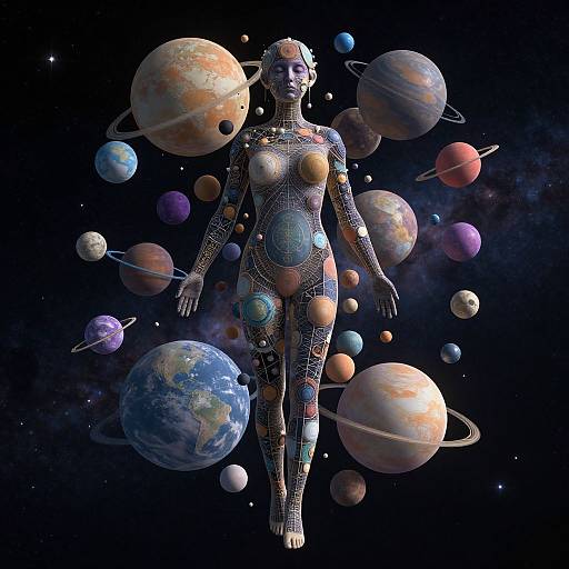Digital art: A nude, wireframe human figure floating in space surrounded by colorful, detailed planets and celestial bodies against a dark cosmic background.