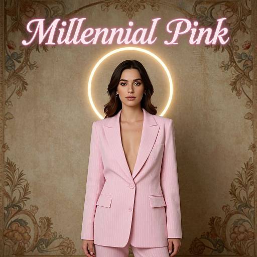 Photograph of a woman with medium skin tone, dark wavy hair, in a pink pinstripe suit with deep V-neck, standing against a